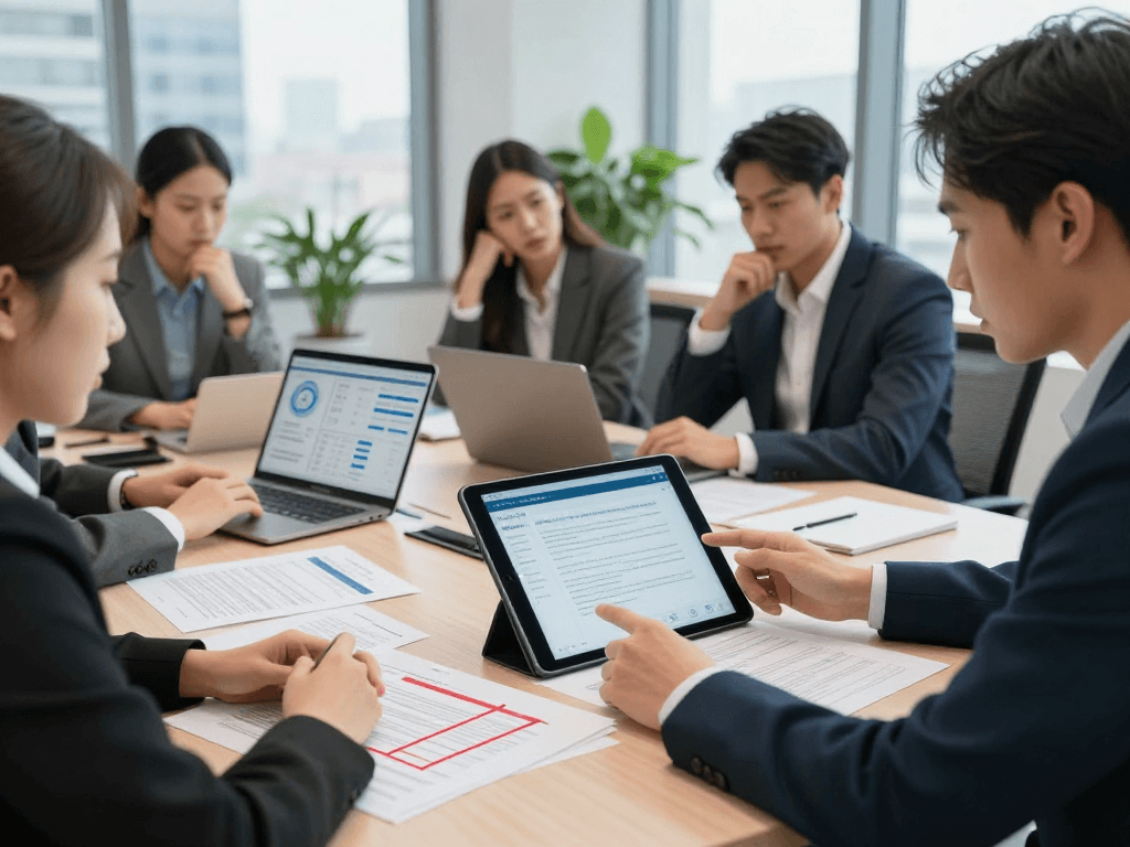 Professionals utilizing document fraud detection tools in a modern office setting, showcasing analysis and collaboration.