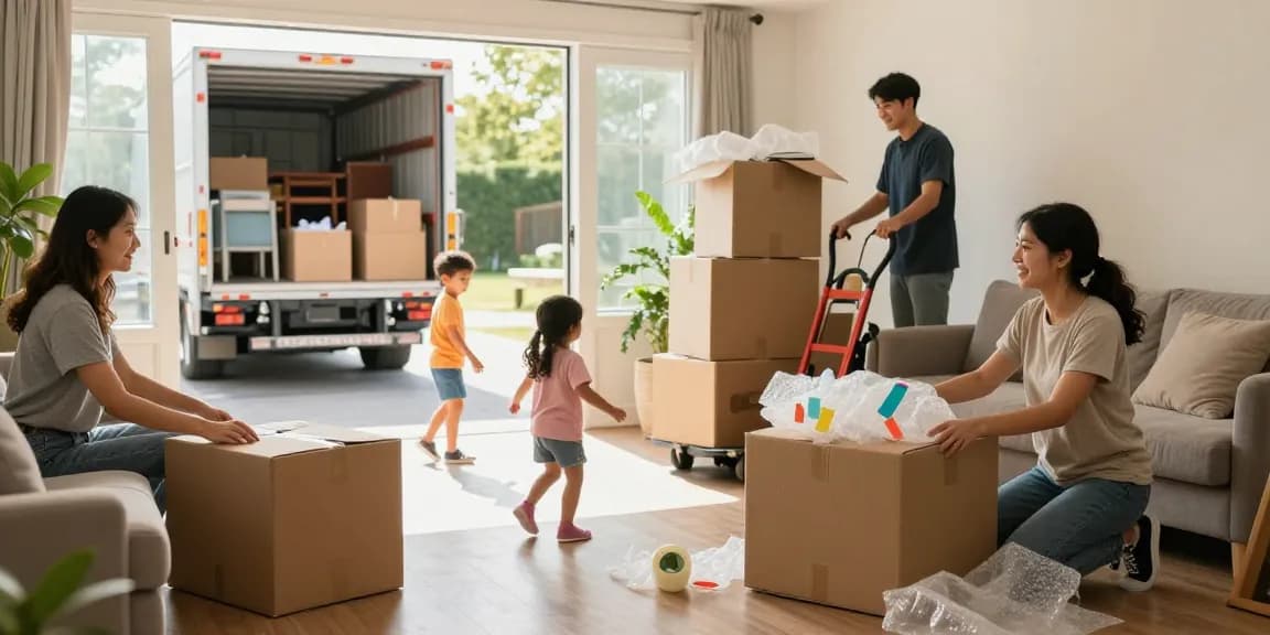 Family enjoying moving services in a cozy living room, packing boxes with cheerful movers.