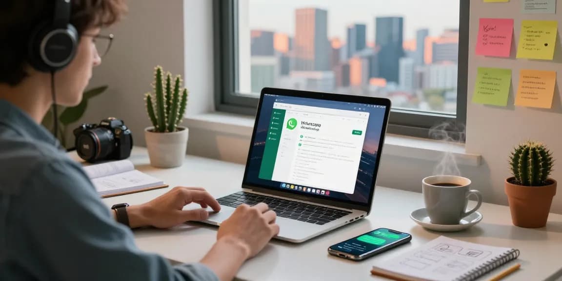 Person using WhatsApp電腦版 in modern home office with laptop and phone.