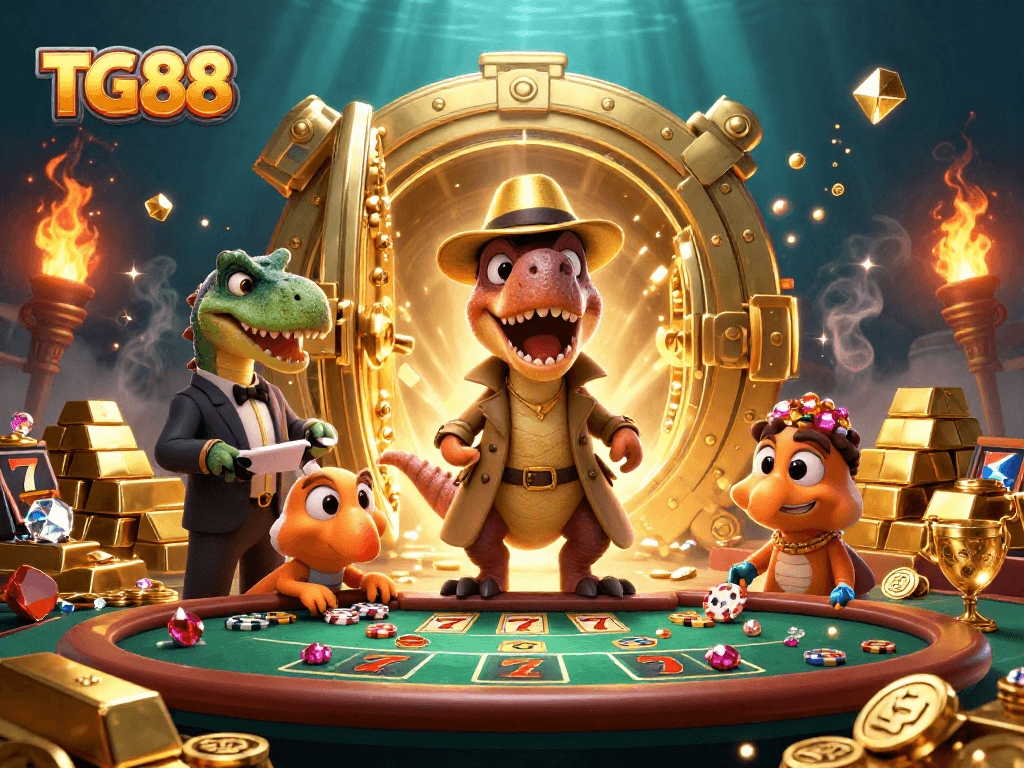 Engage with TG88's thrilling blackjack scene featuring unique characters and vibrant casino elements.