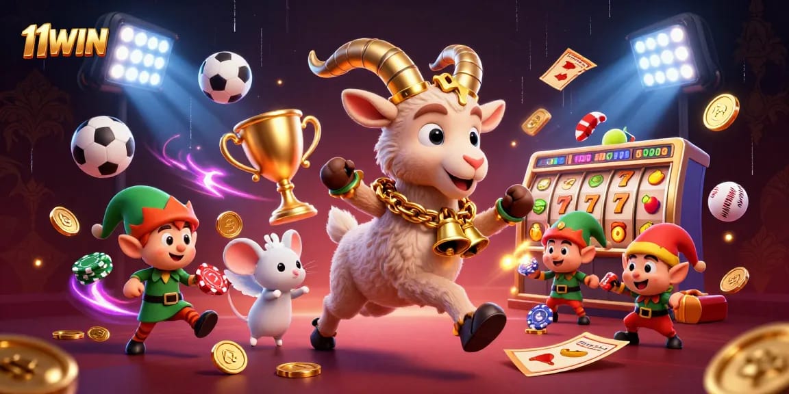Engage with exciting 11WIN casino action featuring Krampus and elf gremlins amidst vibrant gaming elements.