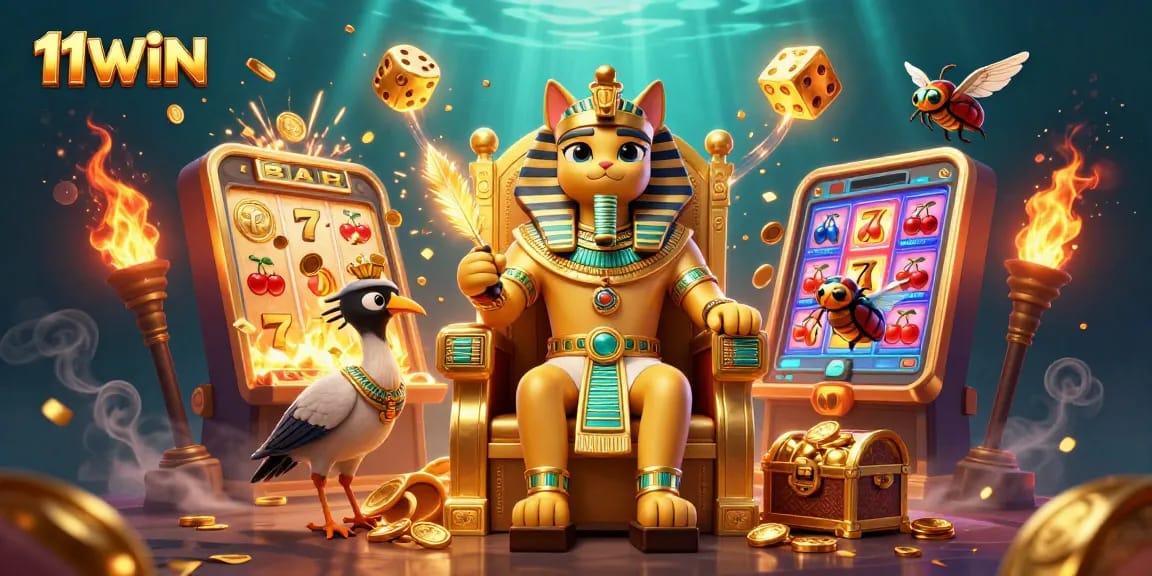 Engage with 11WIN's vibrant casino scene full of jackpots, treasures, and iconic gaming elements.