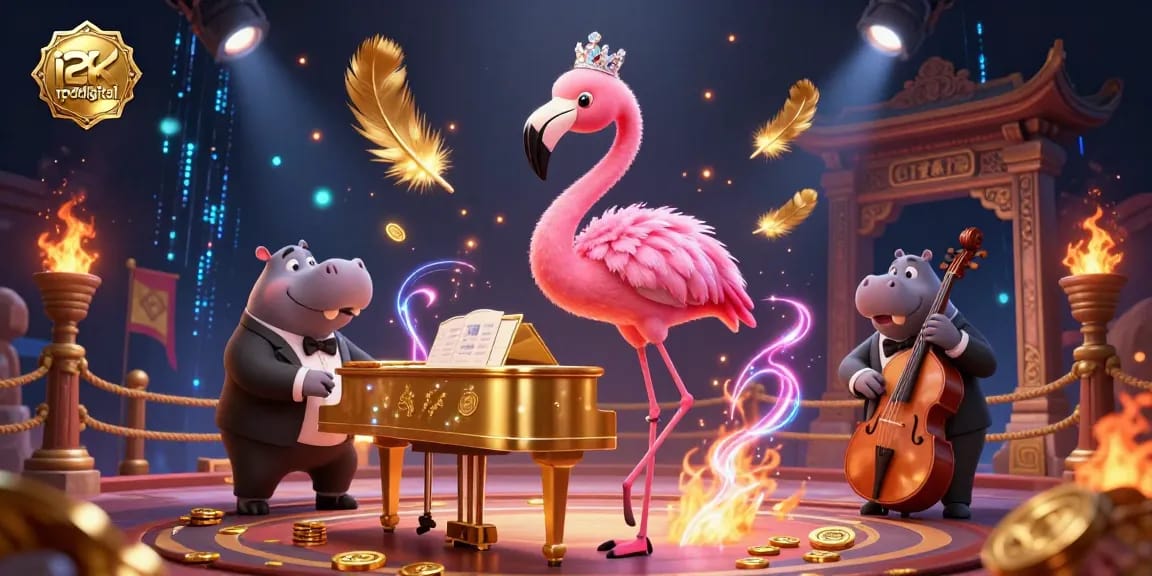 Engage in vibrant casino action at rpdigital with lounge singer flamingo and hippo bassist in dazzling atmosphere.