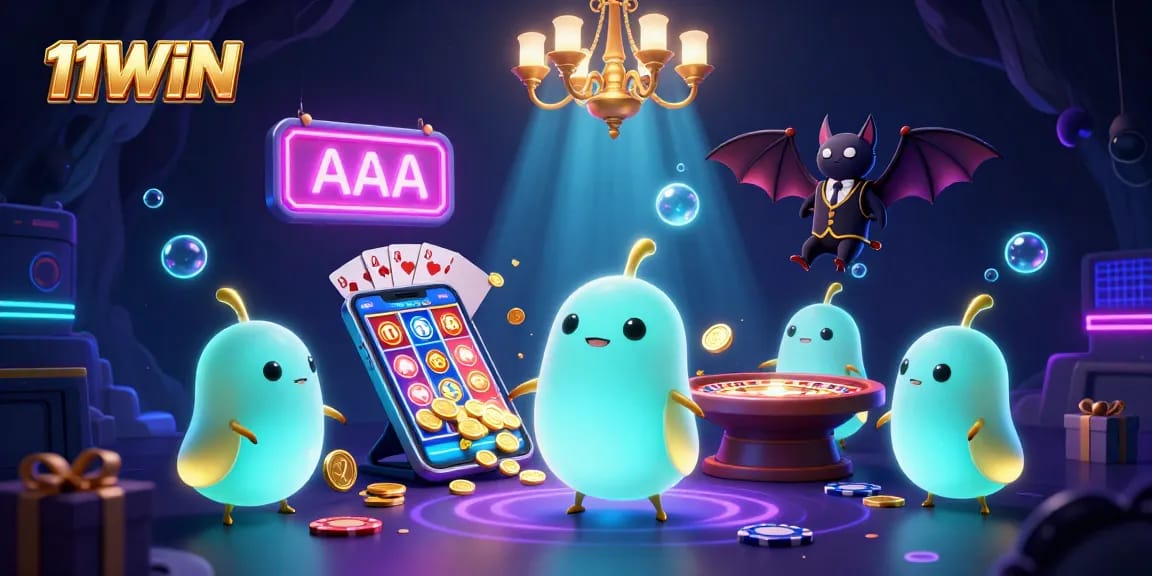 11WIN glowworms illuminate a vibrant cave casino scene filled with games and excitement.