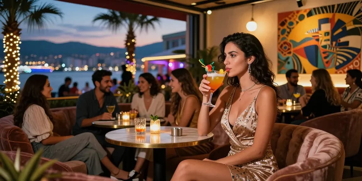Antalya Merkez Escort enjoying a cocktail at a vibrant bar, surrounded by city nightlife and elegant ambiance.
