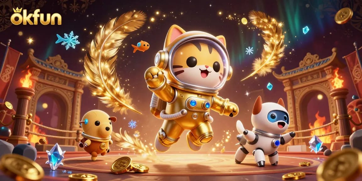 Bet on fun adventures at okfun as cute astronauts navigate a vibrant casino galaxy.