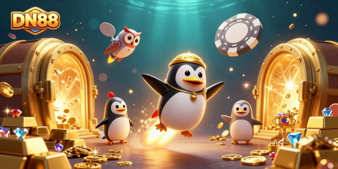 DN88 casino adventure with a golden penguin and treasure shimmering in an underwater scene.
