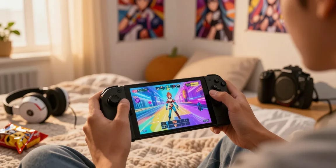 Experience thrilling mobile hentai games in a cozy bedroom with vibrant visuals and gaming accessories.