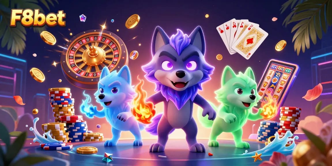 Win big at F8bet with a thrilling casino scene showcasing ghostly wolves and dynamic game elements.