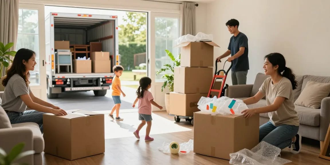 Family enjoying moving services in a cozy living room, packing boxes with cheerful movers.