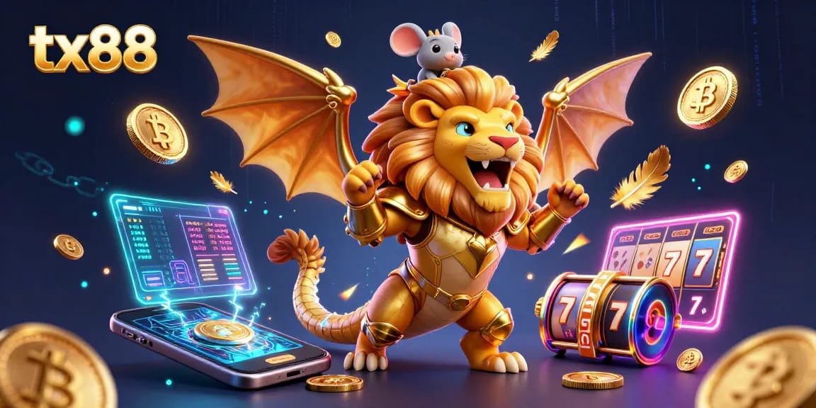 Experience the vibrant gaming world of tx88 with a roaring chimera and dazzling casino elements.