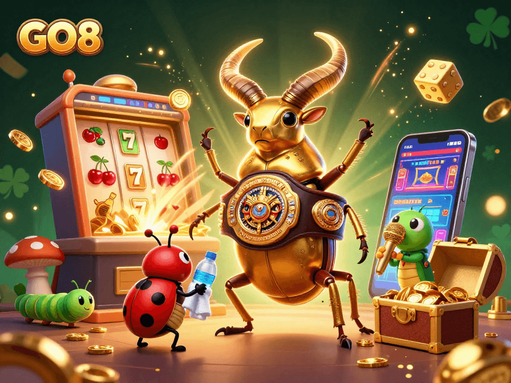 Engage in exciting gameplay at GO8 with a dynamic scene of a cartoon stag beetle champion surrounded by vibrant casino elements.