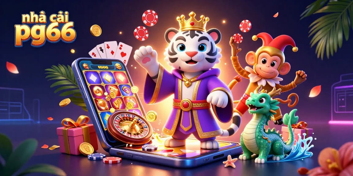 Experience the excitement of nhà cái pg66 with vibrant 3D gambling characters and game elements in a lively digital scene.