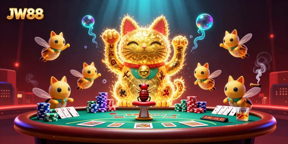 Experience the vibrant JW88 casino universe with golden fireflies and lucky symbols in action.