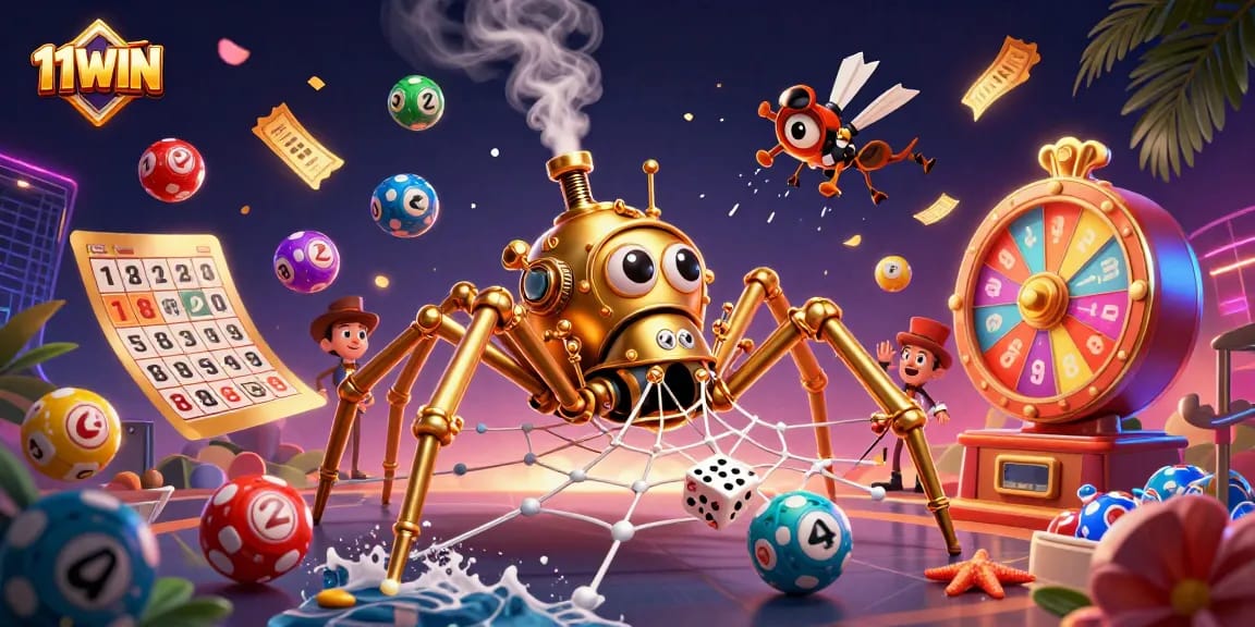 Engage with 11WIN’s colorful gambling scene featuring lottery balls, golden spider, and fly gentleman.