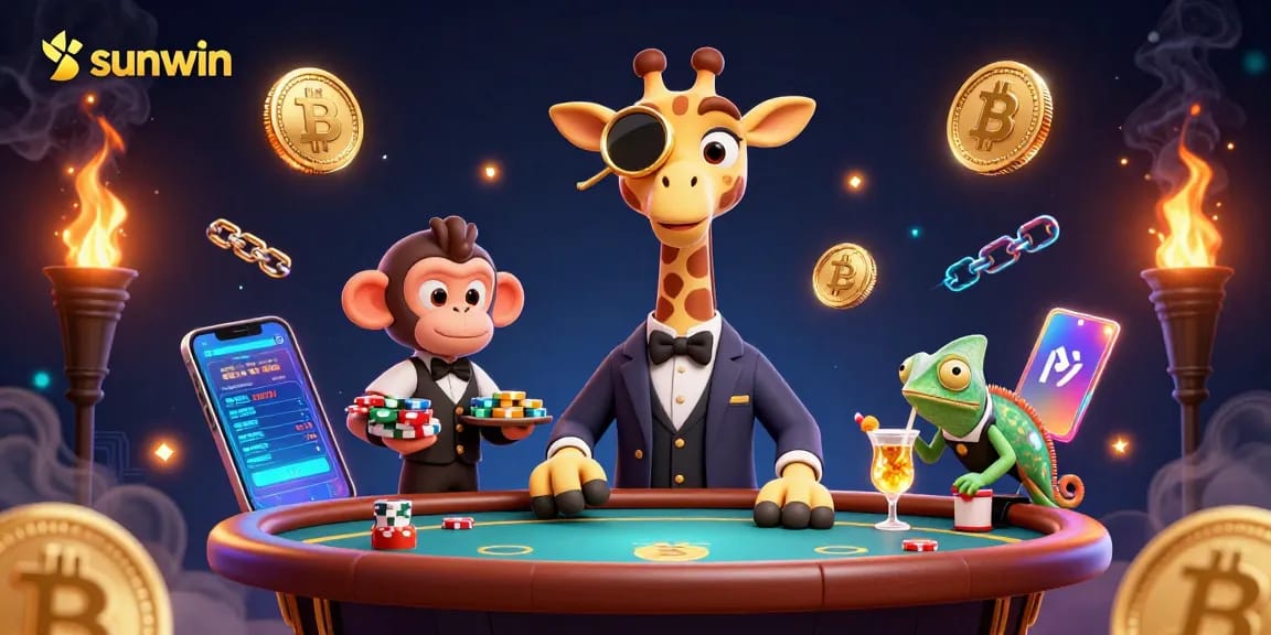 Join the sunwin adventure with a giraffe high-roller at a VIP poker table amidst vibrant casino elements.