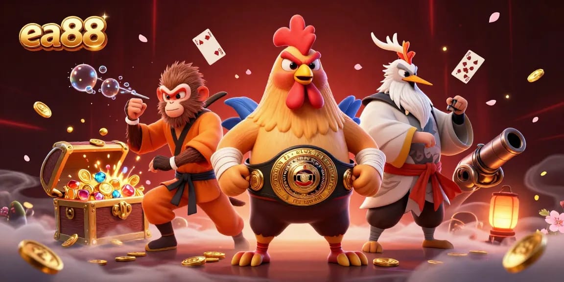 Fierce Muay Thai rooster, Shaolin monkey, and wise crane master showcase exciting gambling action in ea88 casino.