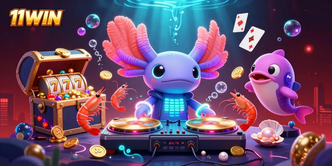 11WIN brings together a neon-themed underwater casino scene with vibrant characters and exciting slot elements.
