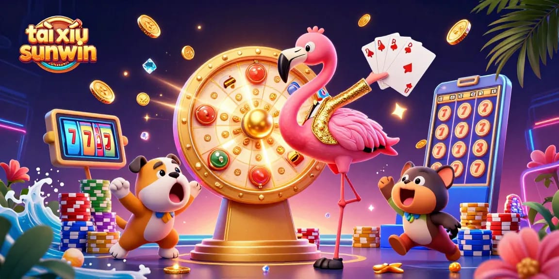 Experience excitement with tài xỉu sunwin in this vibrant 3D casino scene featuring dynamic gaming elements.