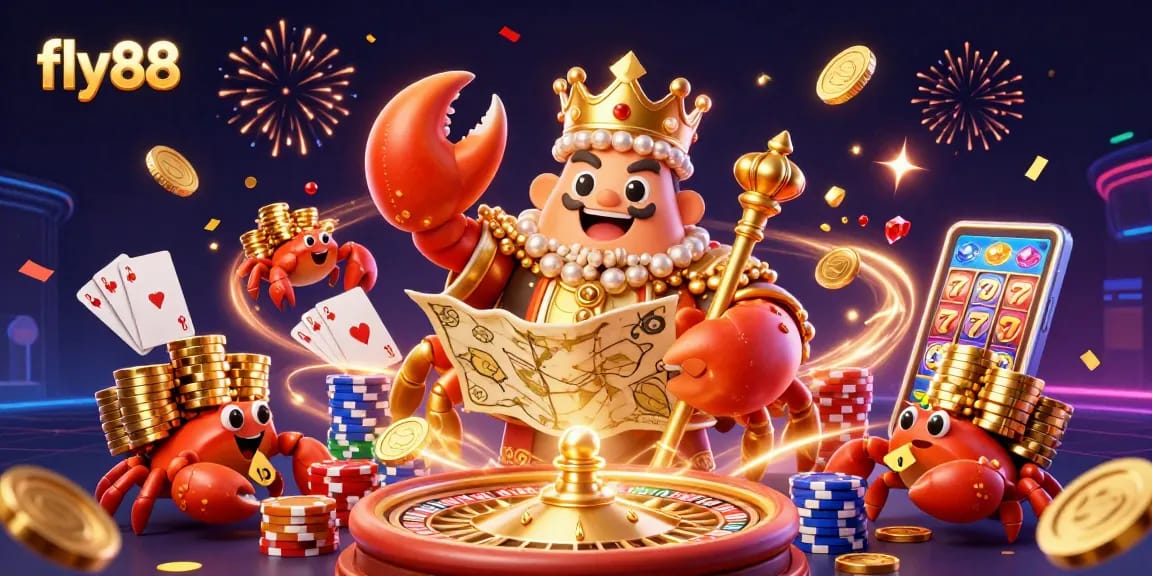 Experience thrilling wins at fly88 with an emperor crab amidst vibrant casino elements and sparkling riches.