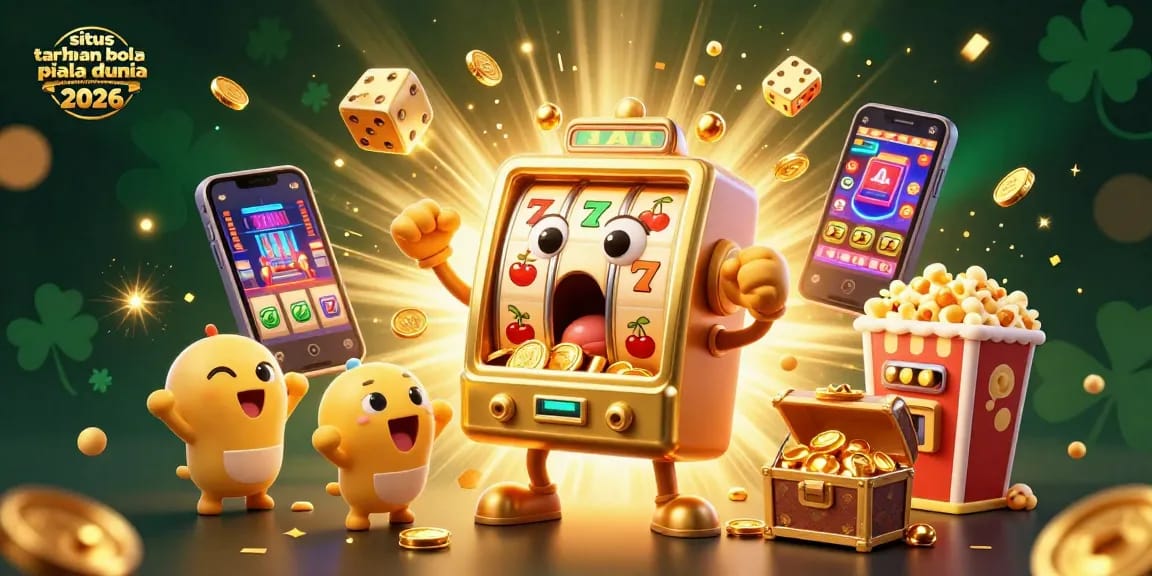 Experience situs taruhan bola piala dunia 2026 with a lively jackpot scene featuring animated slot machines and gambling excitement.