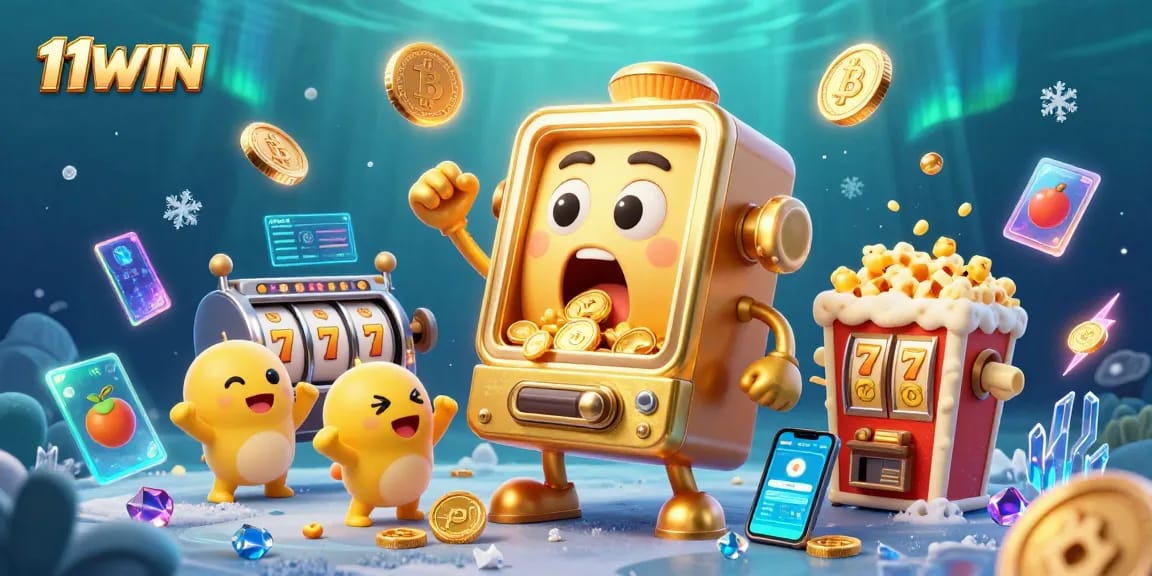 11WIN slot machine hitting jackpot with cheering characters, crypto elements, and vibrant details