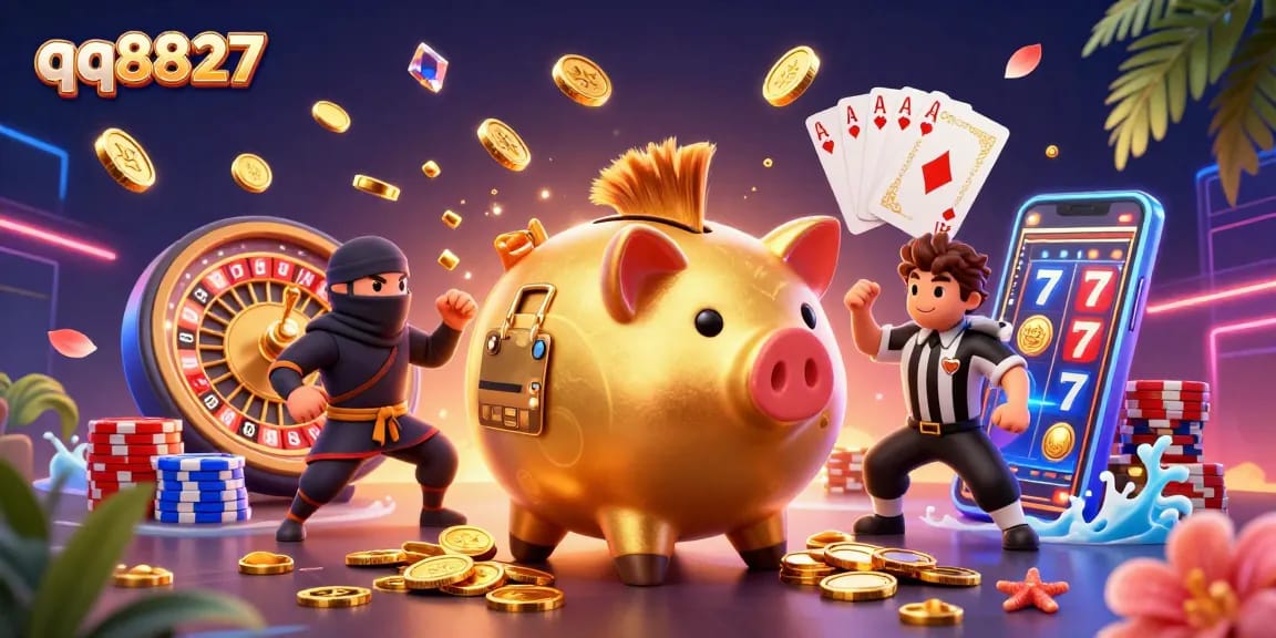 Experience thrilling action with qq8827 as a golden piggy bank sumo wrestler shakes coins, amidst casino games.