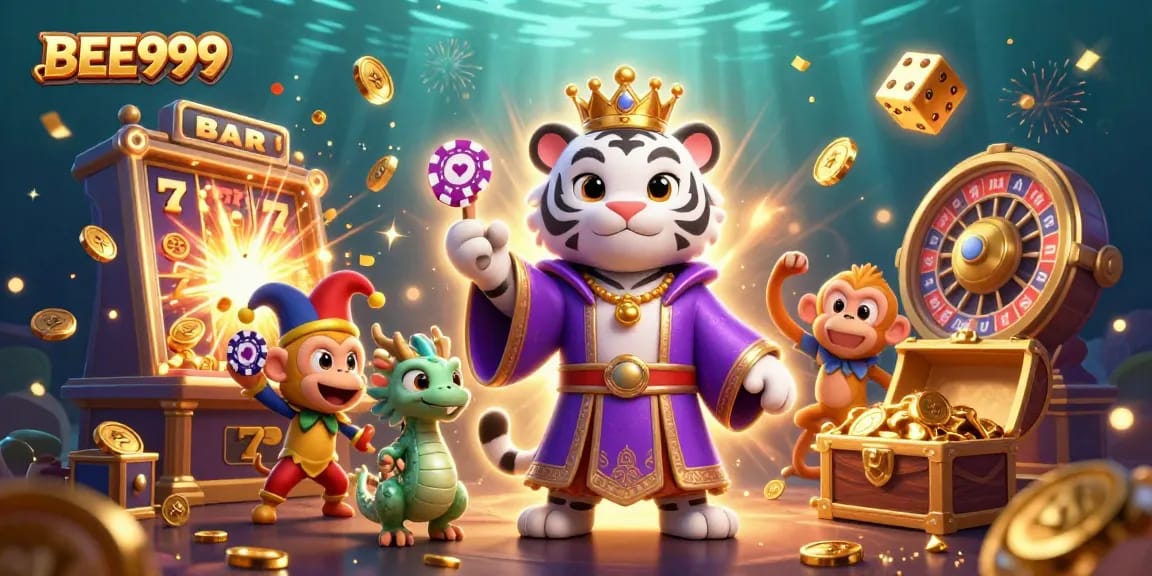 BEE999 offers thrilling jackpots and vibrant gameplay, featuring a cartoon tiger and monkey surrounded by slot machines.
