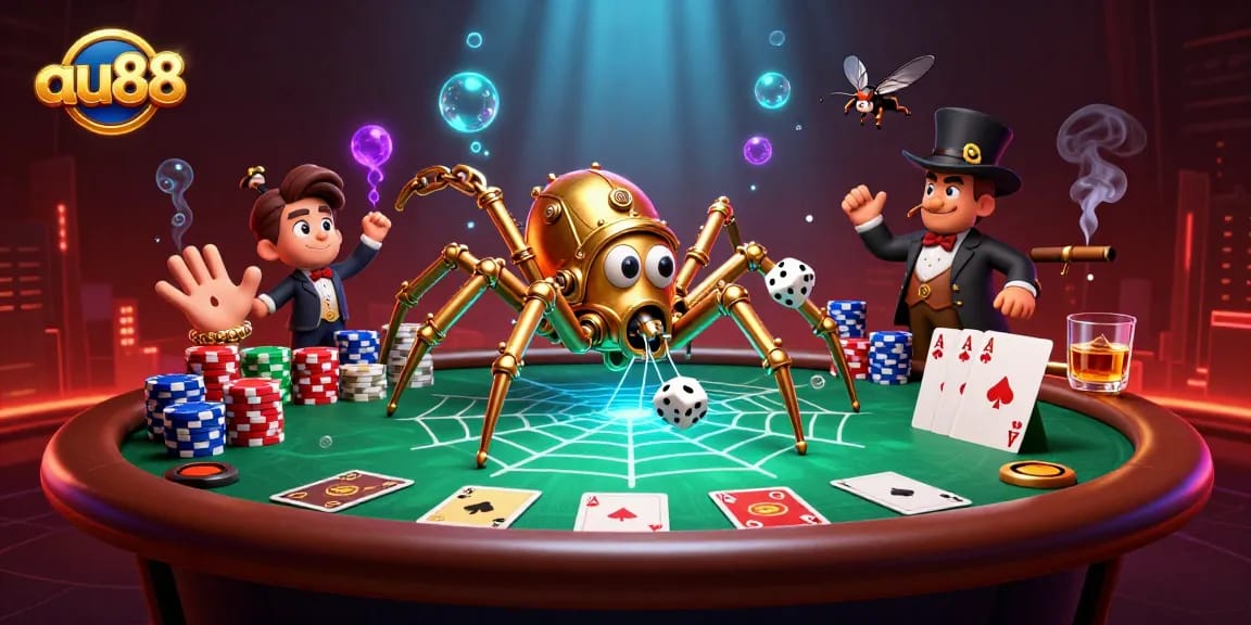Catch lucky dice in the web as the au88 steampunk spider spins golden chains and poker chips.