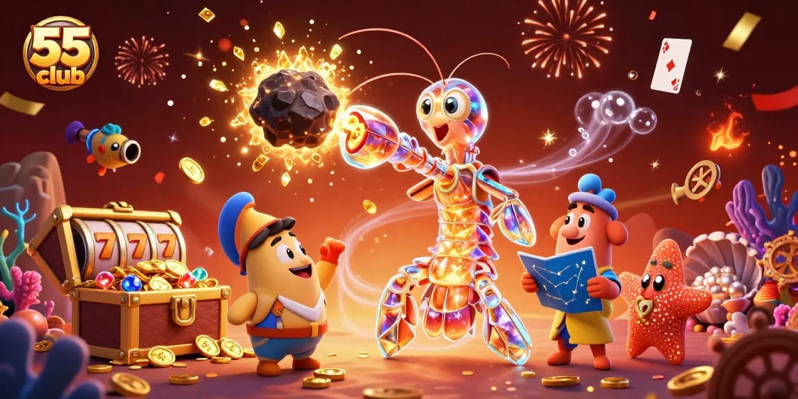 Experience the thrill of gambling at 55 club with a vibrant 3D illustration of cosmic characters and rich casino elements.