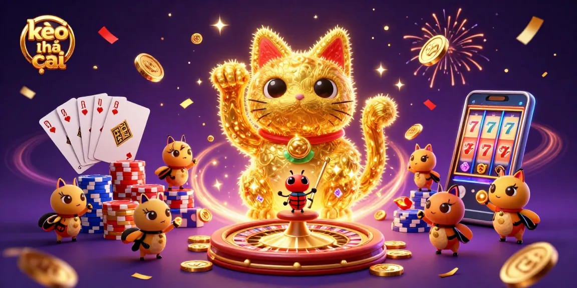 Engage with the thrill of kèo nhà cái through a vibrant 3D illustration of a lucky cat and casino elements.
