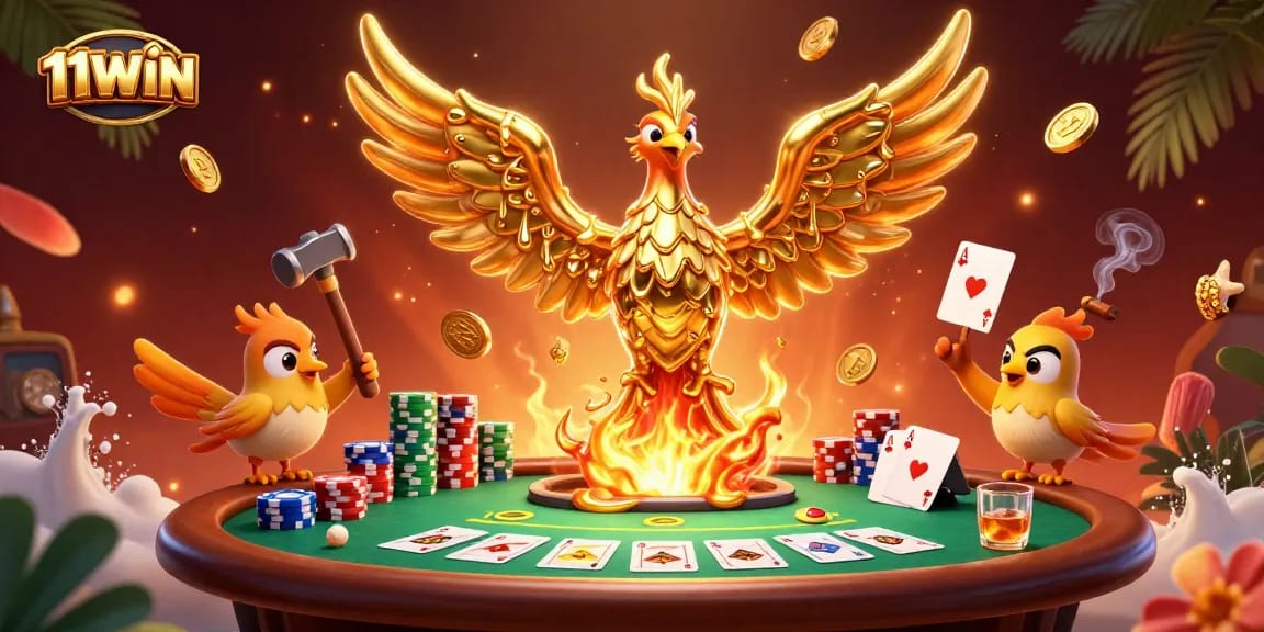 Experience the thrill of 11WIN in a vibrant poker scene with golden phoenix and lavish elements.