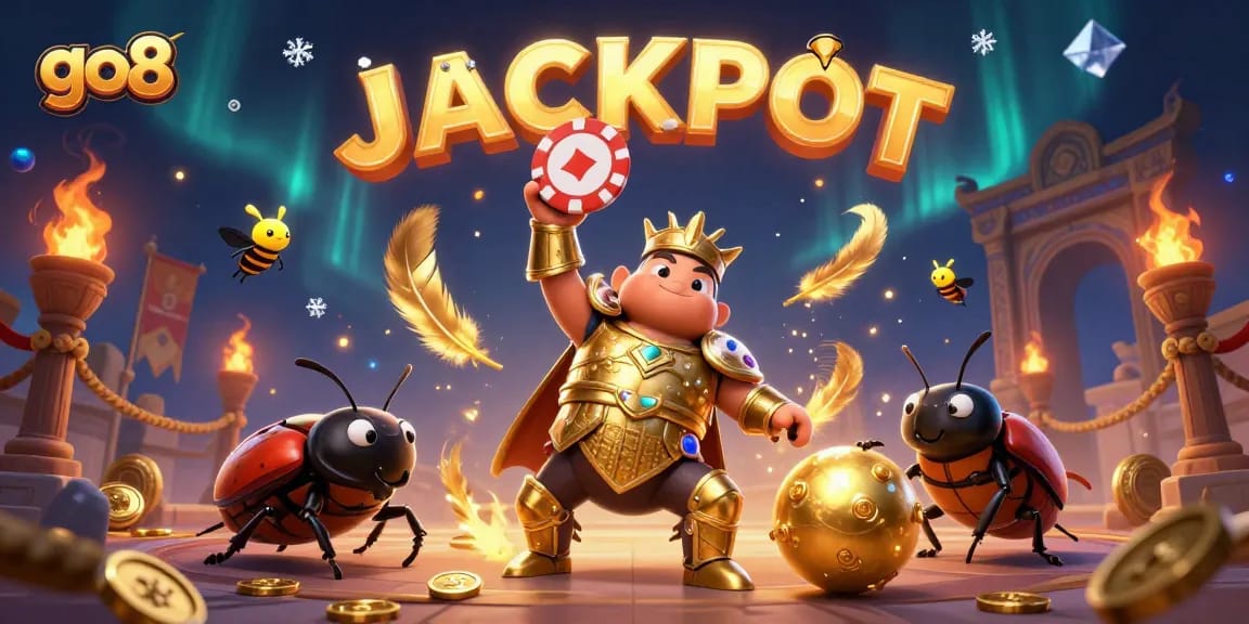 Join the excitement at go8 with a triumphant beetle and a jackpot celebration in this vibrant casino scene.