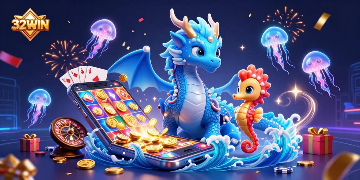 Engage at 32WIN with ultra-detailed 3D illustrated casino scene featuring vibrant characters and gaming elements.