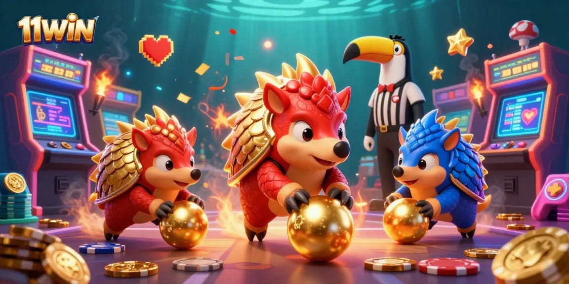 Engage with 11WIN's exciting casino battle scene featuring pangolins and vibrant gaming elements.