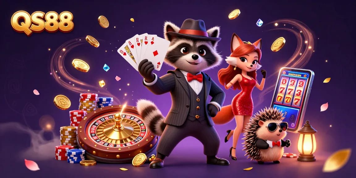 QS88 casino scene featuring raccoon, fox, and hedgehog characters celebrating with a royal flush, coins, and chips.