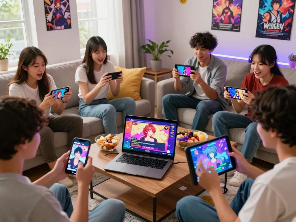 Engaging players enjoying a variety of porn games html on devices in a vibrant living room, showcasing colorful graphics and immersive gameplay.