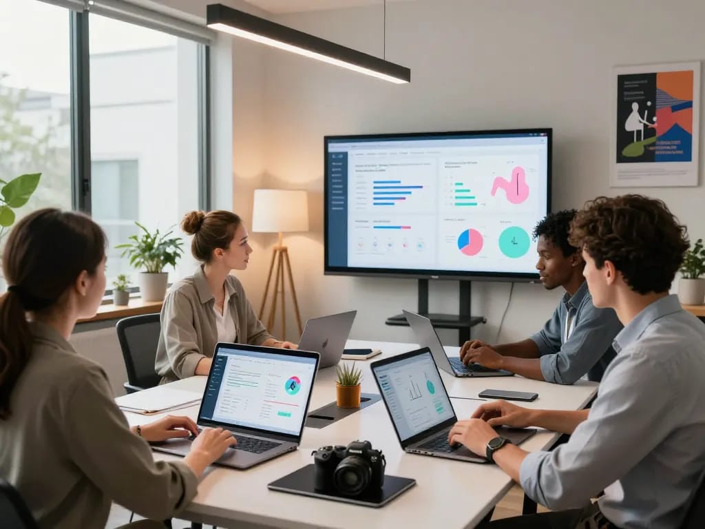 Collaborative workspace focusing on sexual health AI developments with professionals engaged in discussion.