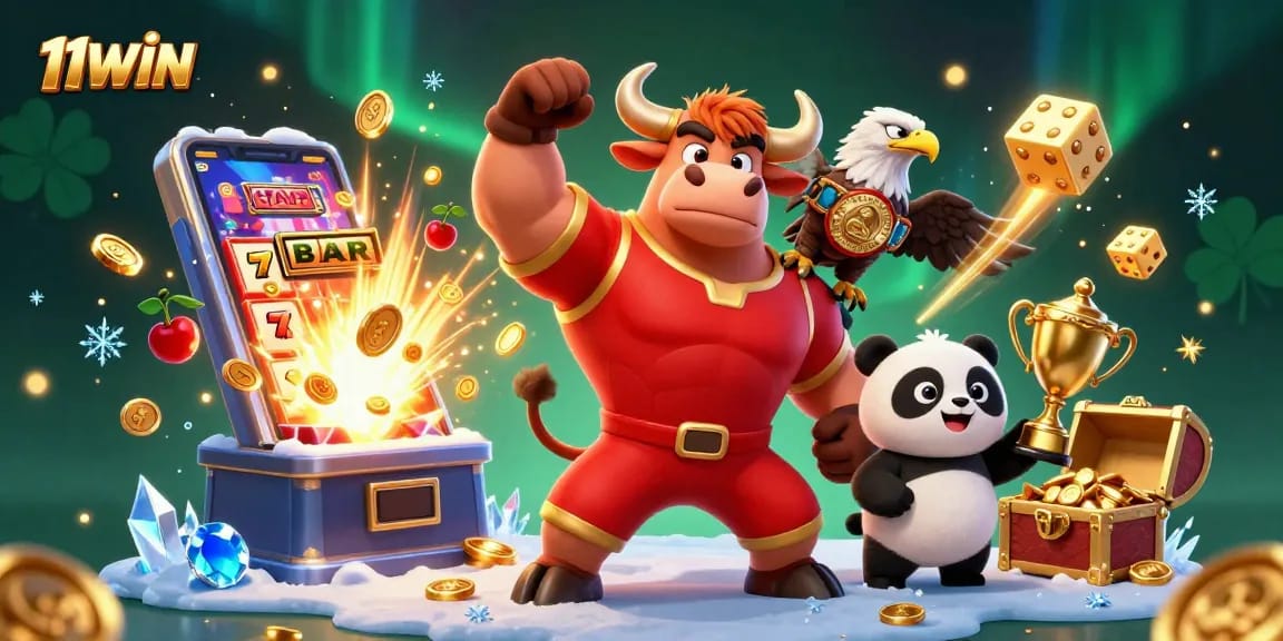 Experience the thrill of 11WIN with a dynamic casino scene featuring a bull mascot, eagle, and trophy.