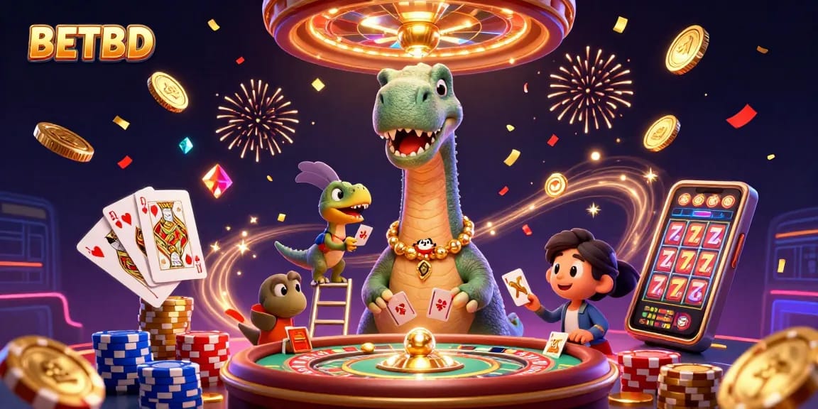 Engage in exciting betting strategies at BETBD with a brontosaurus and clever raptor at a vibrant casino.