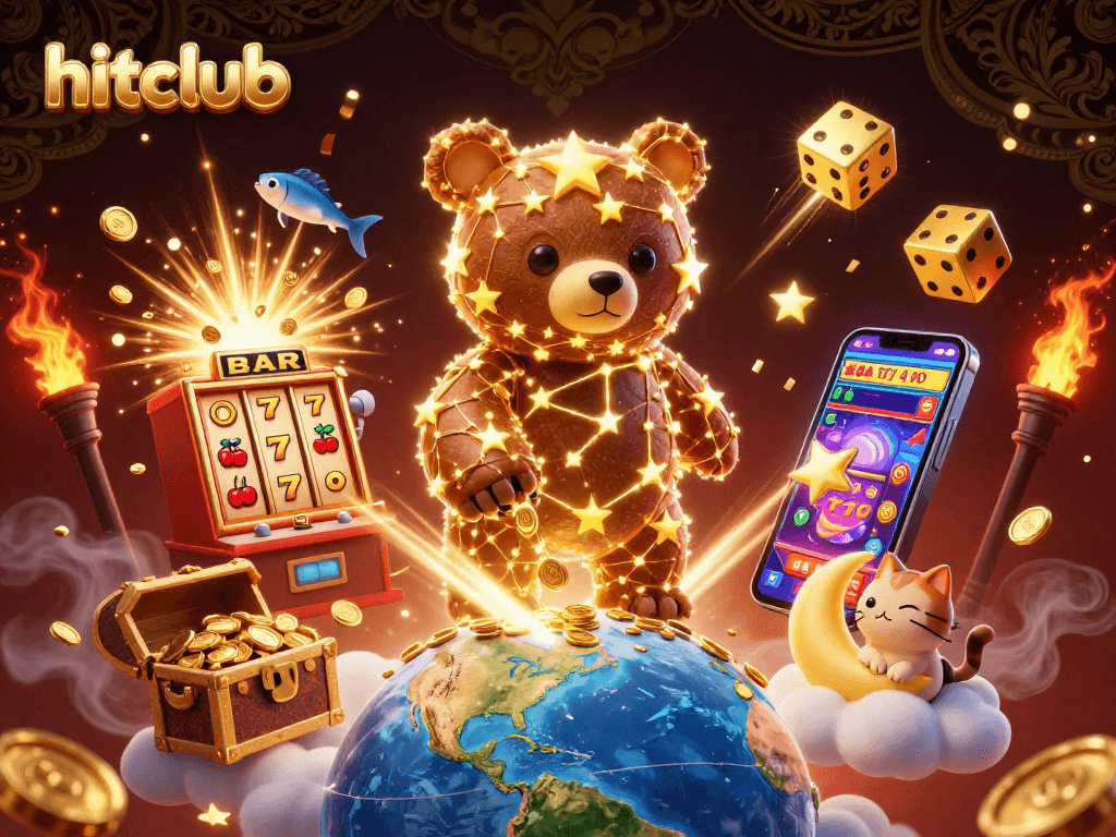Hitclub's vibrant 3D illustration showcases a cosmic bear and casino elements under a starry sky.