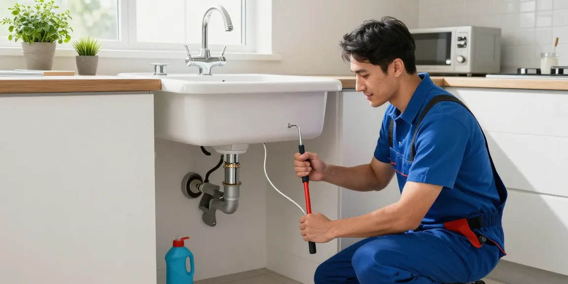 Drain cleaning San Diego with an expert plumber fixing a sink in a bright kitchen, showcasing professional tools and a welcoming atmosphere.