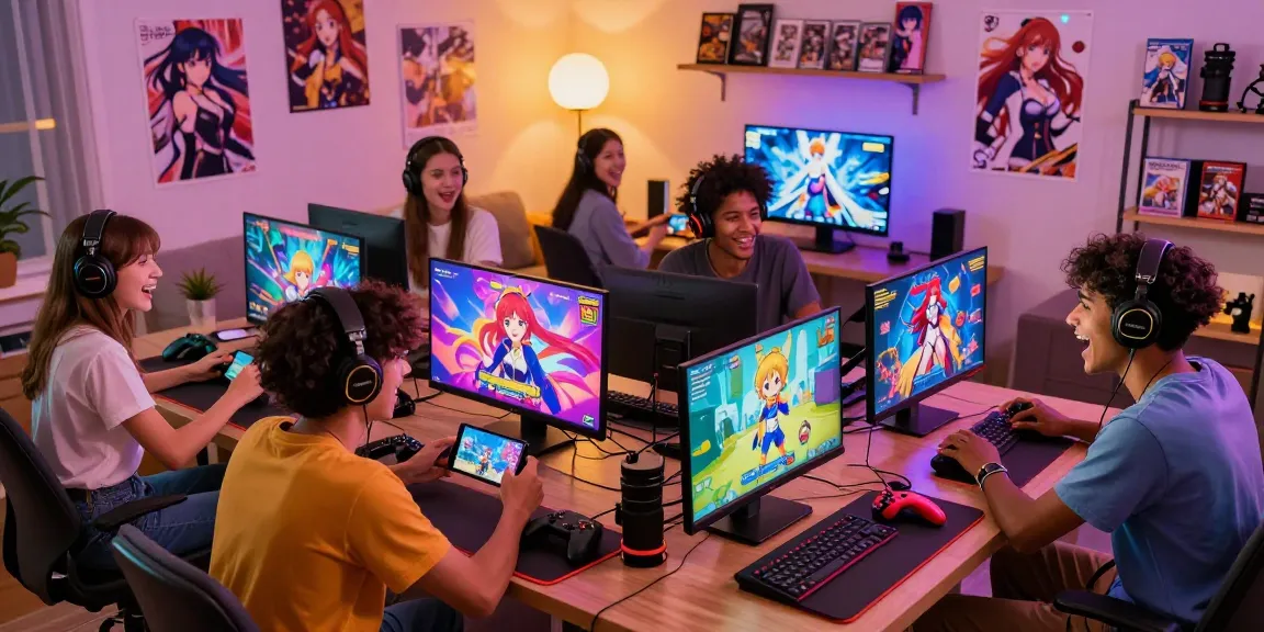Excited gamers playing hentai games together in a cozy living room with colorful screens and inviting atmosphere.