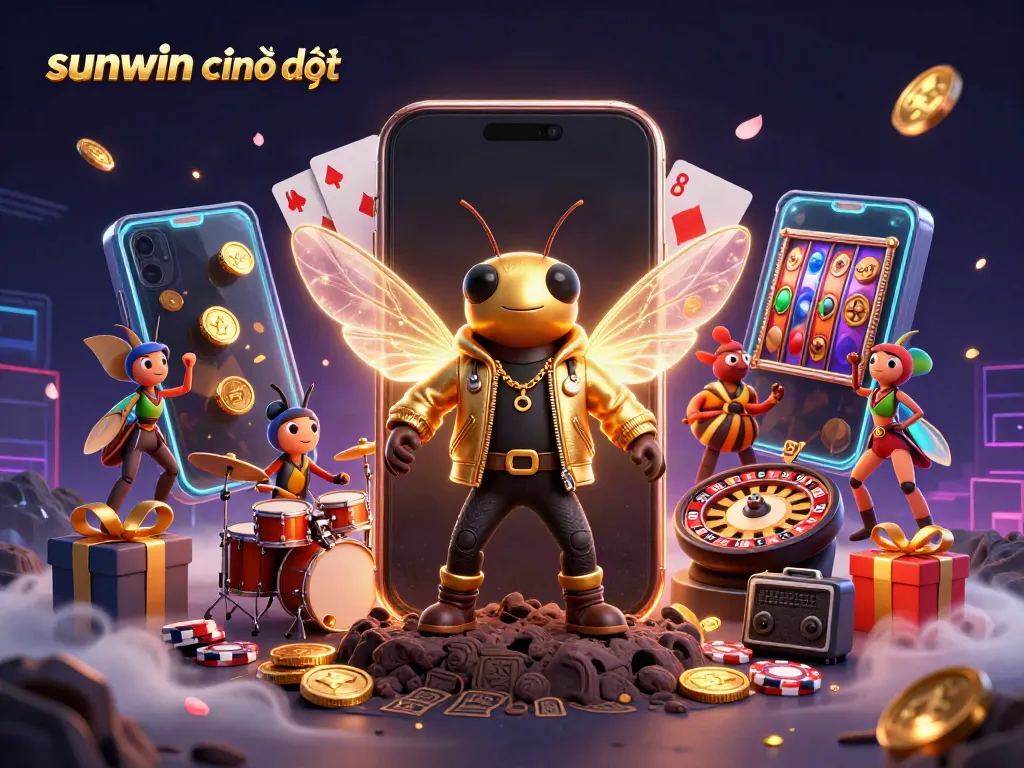 Experience excitement with sunwin chính thức as a cartoon cicada rock star and vibrant casino elements collide.