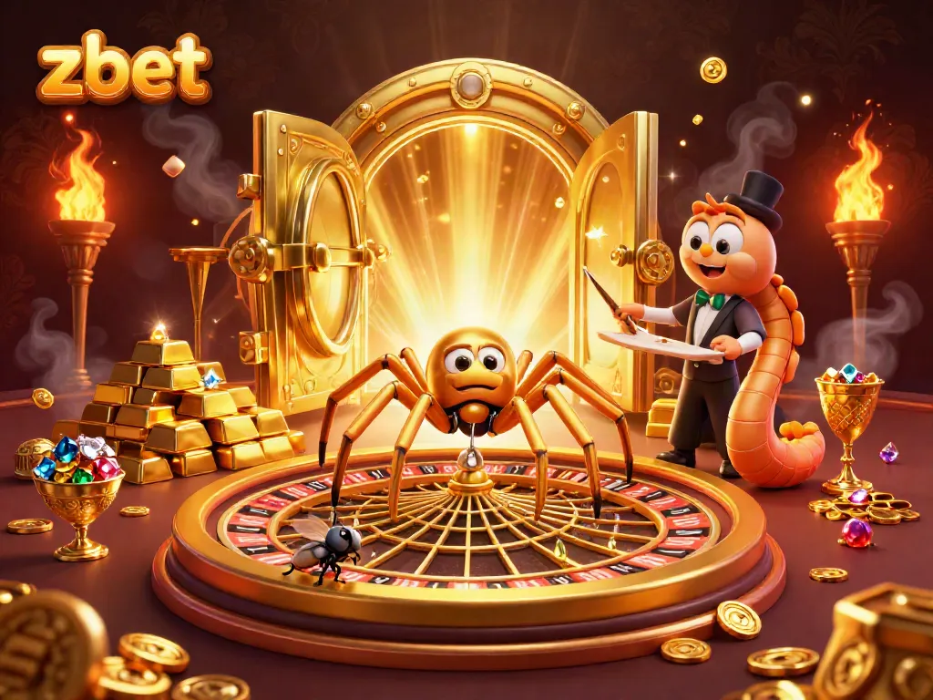 Engage in thrilling betting moments at zbet with a vibrant 3D casino scene featuring characters and gold treasures.