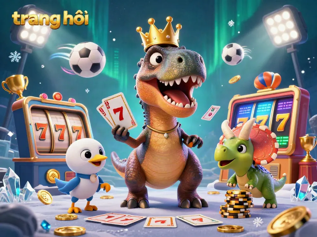 Engaging illustration of a T-Rex playing cards on trang chủ while surrounded by vibrant casino elements.