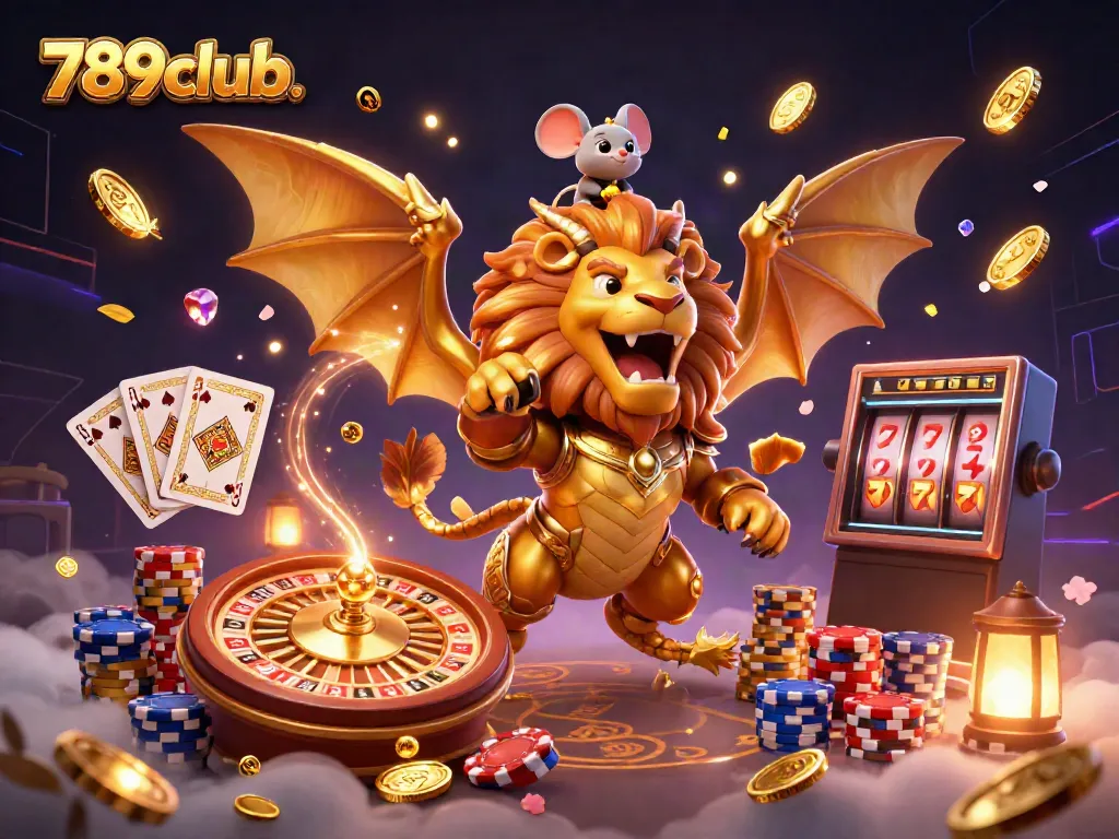 Experience the excitement at 789club. with a roaring chimera and shimmering game elements creating a vibrant casino atmosphere.