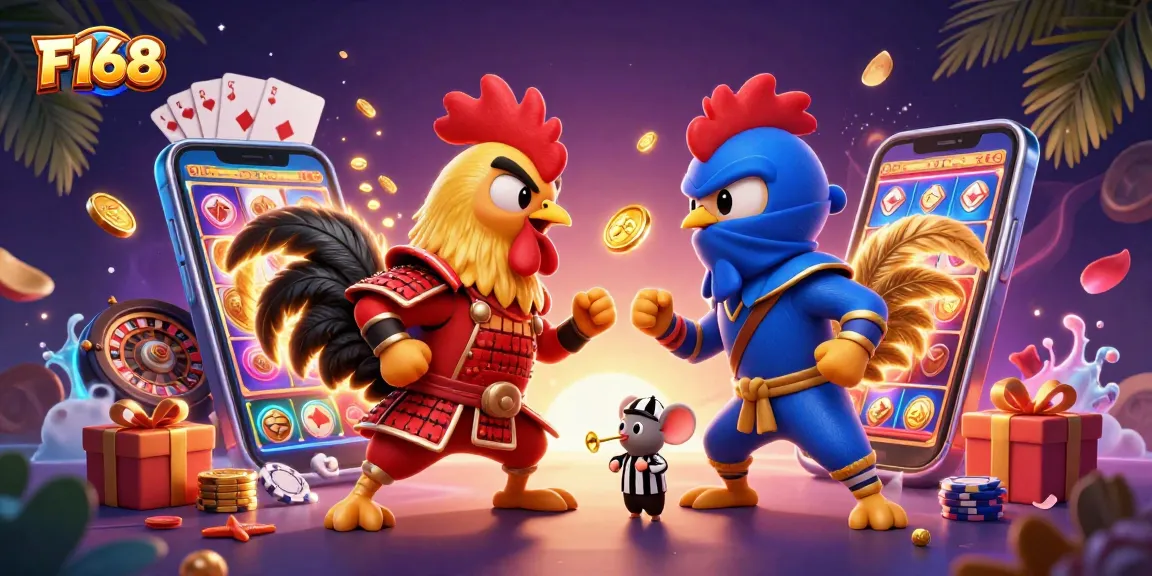 F168 players engage in a thrilling showdown as roosters compete amidst vibrant slot game elements and dynamic casino action.