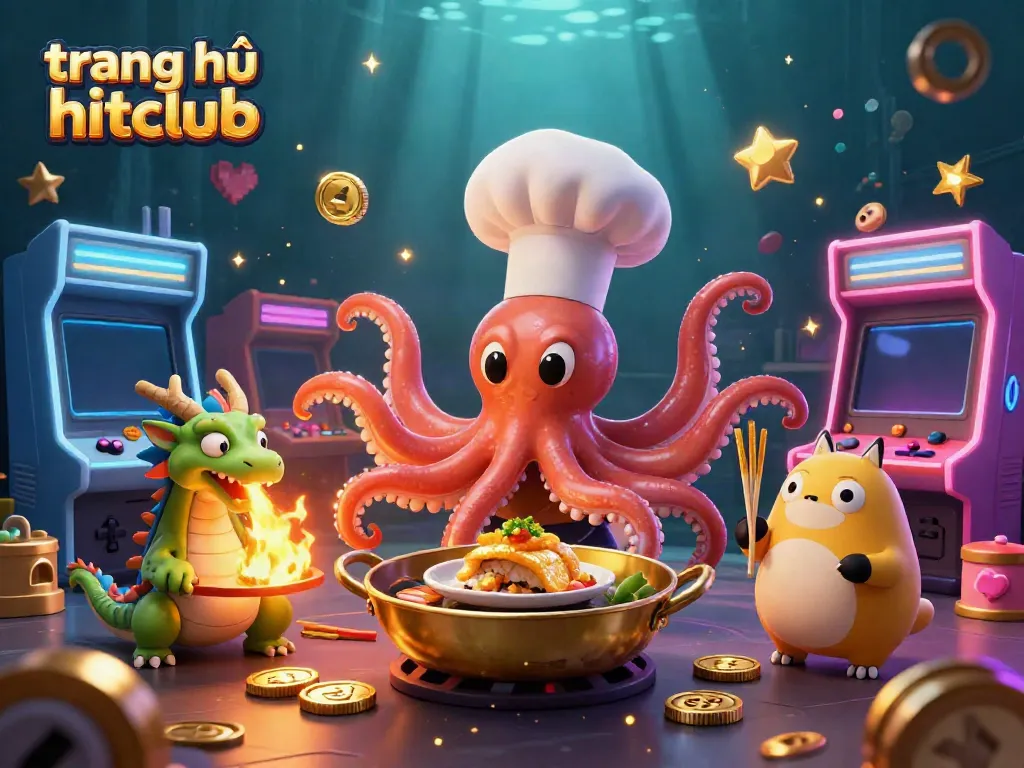 Experience excitement at trang chủ hitclub with a vibrant illustration of cartoon characters enjoying a casino atmosphere.