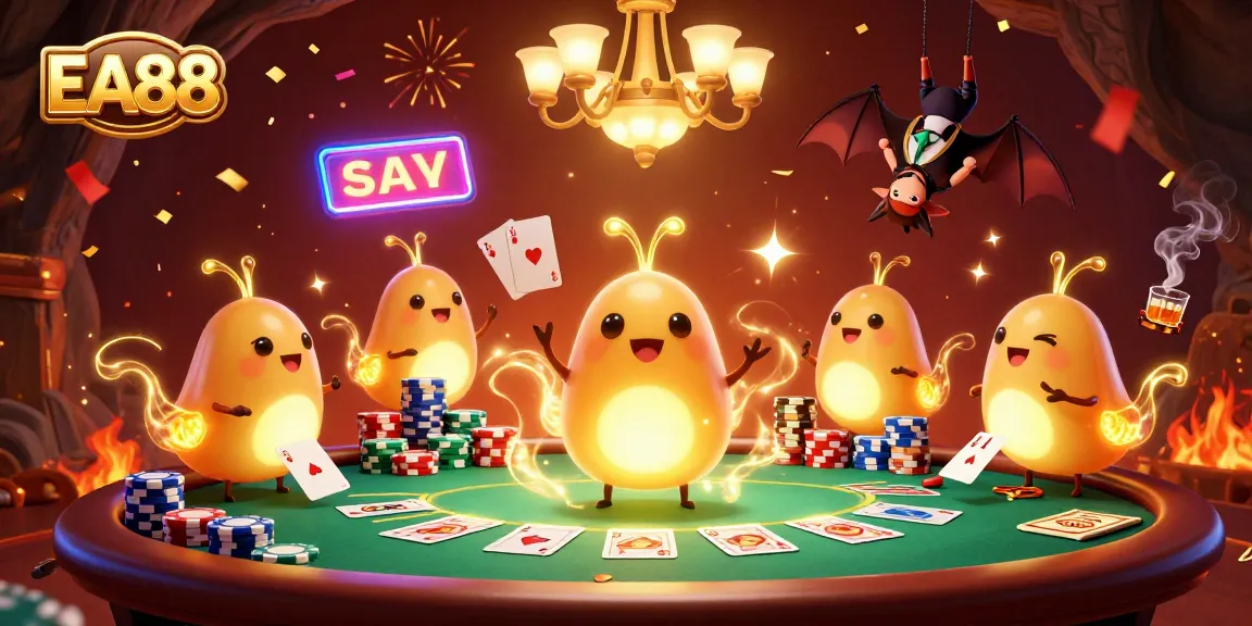EA88 illuminates a vibrant casino scene with glowworms and a bat dealer, showcasing poker excitement.